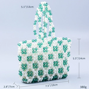 Detailed size specifications for handmade beaded handbag with green and white floral pattern