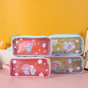 Cute Cartoon Pencil Case Transparent Glitter PVC Canvas Large Capacity Portable Stationery Bag For Girls Students