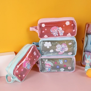 Large capacity transparent cartoon pencil case with canvas handle and cute girl design
