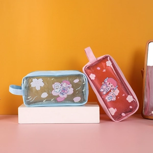 Cute transparent high-capacity pencil case with cartoon girls and glitter sand effects