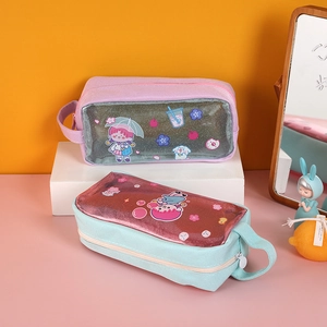 Detail of pink and blue large capacity pencil cases with cartoon girls and glitter windows