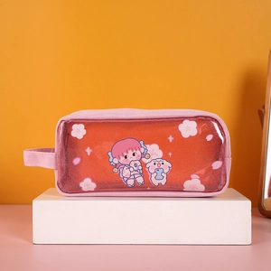 Detailed view of pink transparent pencil case with cute girl and puppy pattern