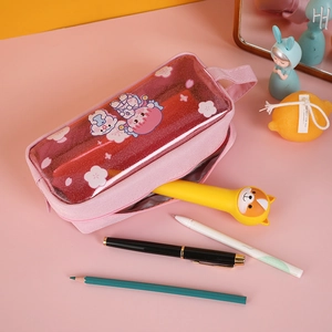 Pink transparent high-capacity pencil case with cute cartoon prints and sequins