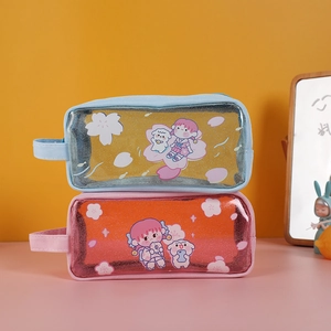 Detail of pink and blue large capacity pencil cases with glitter sequins and cute cartoon girl