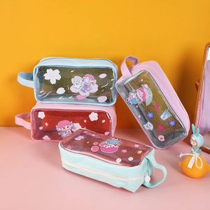Transparent large capacity pencil cases in cute pastel colors with glittery PVC windows