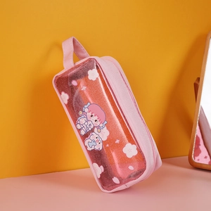 Pink glitter transparent pencil case with cute cartoon design and durable top handle