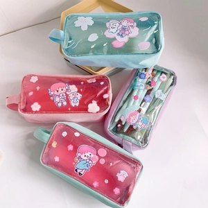 Clear glitter PVC and canvas pencil cases with Japanese cute illustrations in four colors