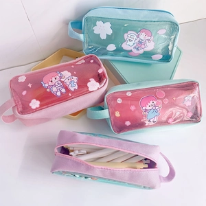 Transparent large capacity pencil case with cute cartoon prints and portable strap handle