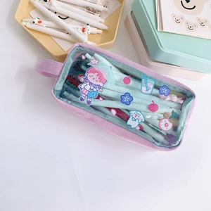 Pink glitter pencil case detail with clear window and cute cartoon girl illustrations