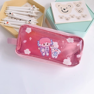 Close-up of pink translucent pencil case with glitter finish and cute cartoon character