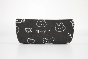 Detail of black canvas pencil case with white cartoon rabbit and Bonjour text