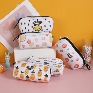 Detail of waterproof PU pencil cases with fruit patterns like pineapple and strawberry