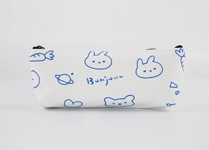 Cute white canvas pencil case with cartoon rabbit and planet patterns and zipper closure