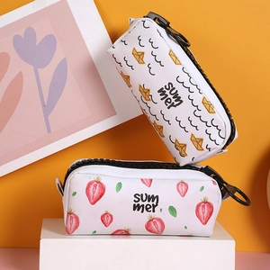 Cute large-capacity cartoon pencil case featuring strawberry and boat prints on white stone