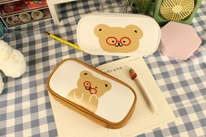 Detail of cute cartoon bear pencil case with zipper and large capacity storage