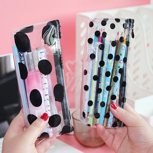 Pencil Case Transparent PVC Waterproof Large Capacity Polka Dot Cow Pattern Zipper Stationery Storage Pouch Bag Students