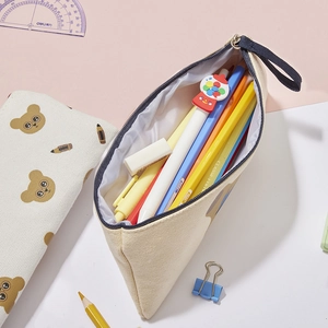 Cute cream bear canvas pencil case with large capacity and blue zipper for school supplies