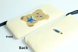 Front and back detail of canvas pencil case with cute brown bear and color pencil print