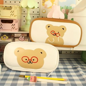 Cute large capacity PU pencil case with cartoon bear design in cream white and brown