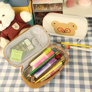 Cute large capacity bear pencil cases in white and brown PU leather for students