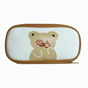 Cute large capacity white PU pencil case with cartoon bear wearing glasses