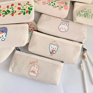 Cute Bear Rabbit Canvas Pencil Case Large Capacity Stationery Bag Korean Ins Style Student Zipper Pen Pouch School Office