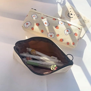 Cute canvas pencil case with bear and strawberry print, large capacity with zipper closure