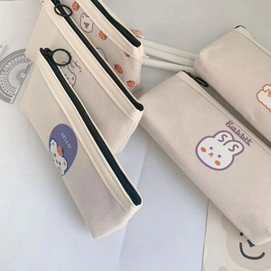 Cute canvas pencil case with cartoon bear prints and high capacity for students