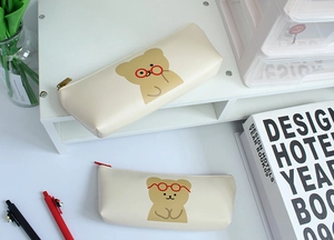 Close-up of cute bear pattern on large capacity PU leather pencil case with metal zipper