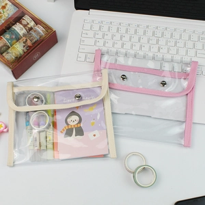 Large capacity transparent PVC stationery bag with minimalist cream and pink fabric trim