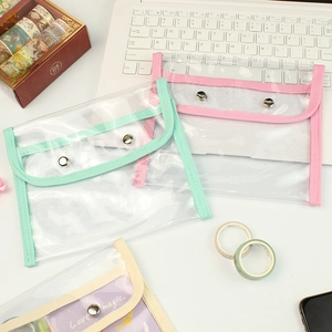 Large capacity transparent PVC stationery pouch with colorful canvas edges and snap buttons
