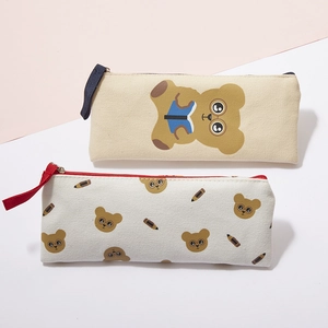 Large Capacity Canvas Pencil Case Cute Cartoon Bear Print Stationery Pouch Zipper Storage Bag For School Office Students Daily