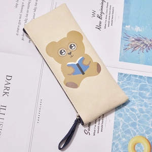 Minimalist cream bear canvas pencil case with cute glasses bear print and zipper