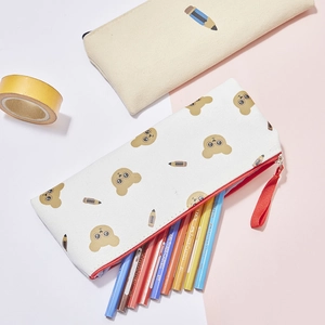 Cute bear print canvas pencil case with large capacity and red zipper for students