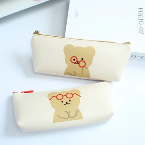 Cute Cartoon Bear PU Leather Pencil Case Cream White Large Capacity Stationery Organizer Pouch For Students Girls