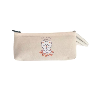 Canvas pencil case with cute white bear strawberry print and top black zipper closure