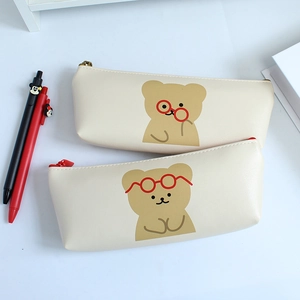 Cute bear cartoon pencil case made of cream PU leather with a durable zipper closure