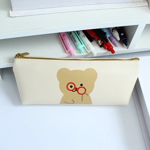 Cute cartoon bear pencil case in cream leather with large capacity and gold zipper