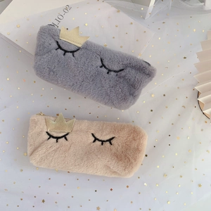 Cute plush pencil cases in gray and beige with crown and eyelash embroidery