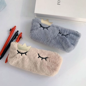 Cute plush pencil case with gold crown and eyelash embroidery in grey and beige