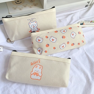 Trousse scolaire mignonne en toile avec ours fraise et motifs lapins beige clair