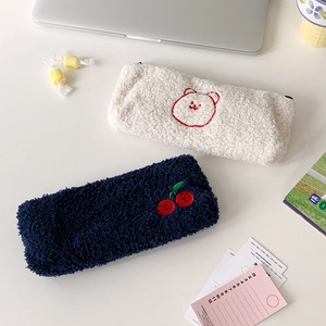 Cute cherry and bear embroidery plush stationery bags for student desk organization