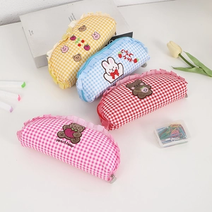 Plaid large capacity pencil cases with ruffles and cute embroidery in four colors