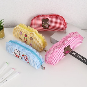 Cute checkered pencil cases with lace edges and animal embroidery in four colors