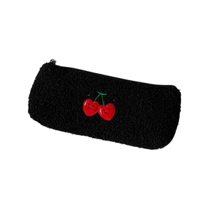 Black sherpa cherry embroidered stationery bag with a large capacity storage zipper