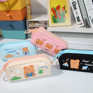 Trousse à Crayons en Toile à Grande Fermeture Éclair Ours de Dessin Animé Sac de Papeterie Grande Capacité pour Écoliers Filles