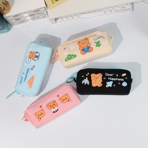 Trousse à crayons mignonne en toile avec ours et grande fermeture éclair en 4 couleurs