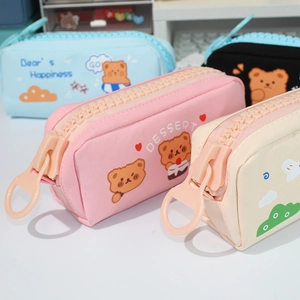 Trousse à crayons en toile à grande fermeture éclair avec ours mignons pastels
