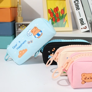 Trousse à crayons en toile avec grand zip et motif ours mignon pour filles en 4 couleurs