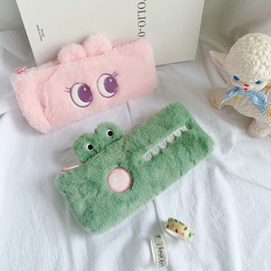 Cute Cartoon Animal Plush Pencil Case Large Capacity Soft Faux Fur Stationery Bag For Students Zipper Closure